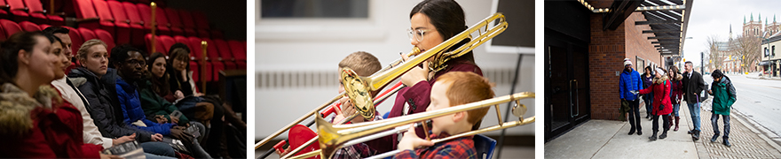 Students in the community at the grand theatre, teaching music to young students, and walking downtown London