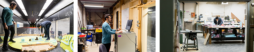 Engineering Co-op images from the Western Wind Tunnel placement. Students placing and making models for testing.