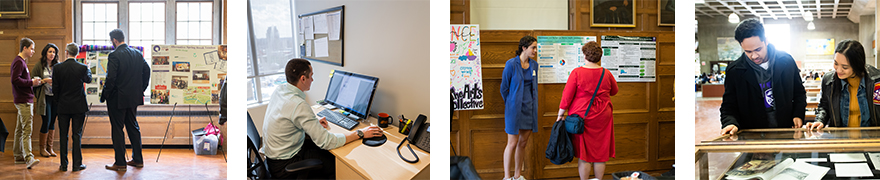 Students presenting posters to public, researching at the computer, and examining materials in a display case at the library